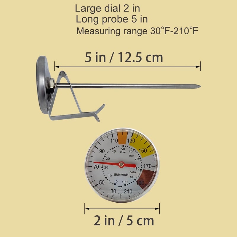 GLOBOTECH Milk Frothing Thermometer for Coffee Chocolate - Cappuccino Frothy Milk Foam Stainless Steel Thermometer for 12 Oz, 20 Oz and 32 Oz Espresso Steaming Pitchers 2" Dail 5" Stem - Image 2